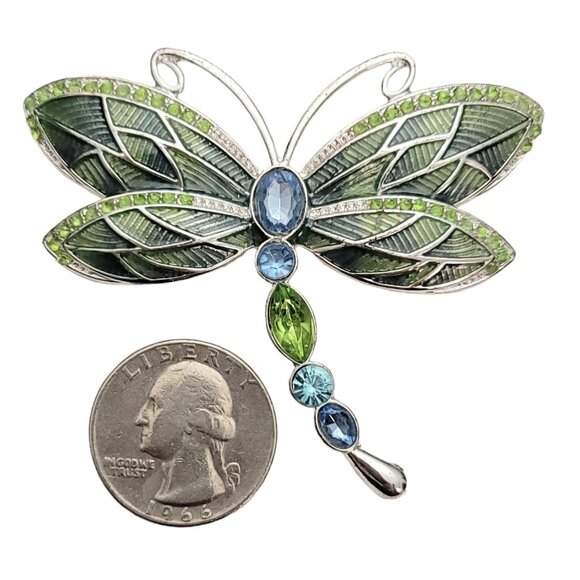Napier Silver-Tone Green Blue Rhinestone Enamel Dragonfly Brooch Pin Signed E913 - Picture 6 of 9